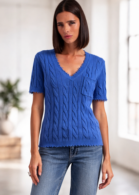 Minnie Rose Frayed Cable V-Neck