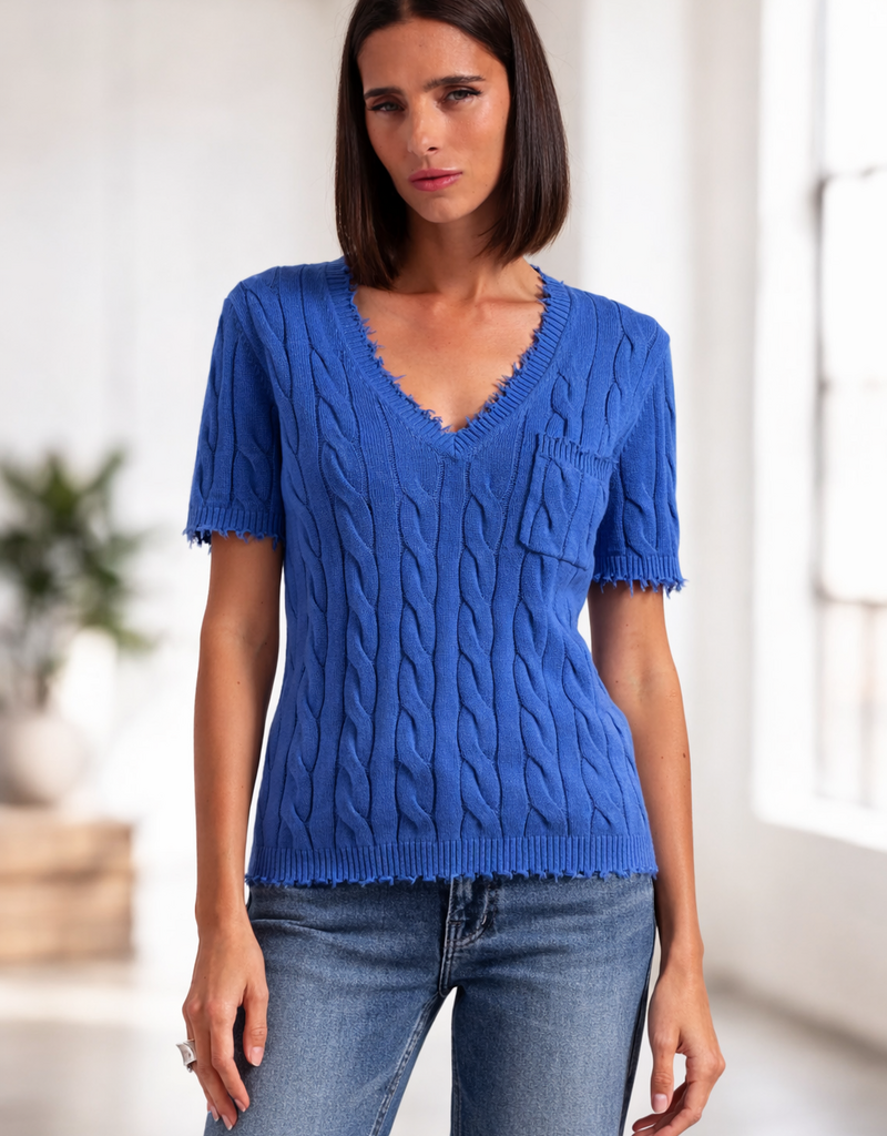 Minnie Rose Frayed Cable V-Neck