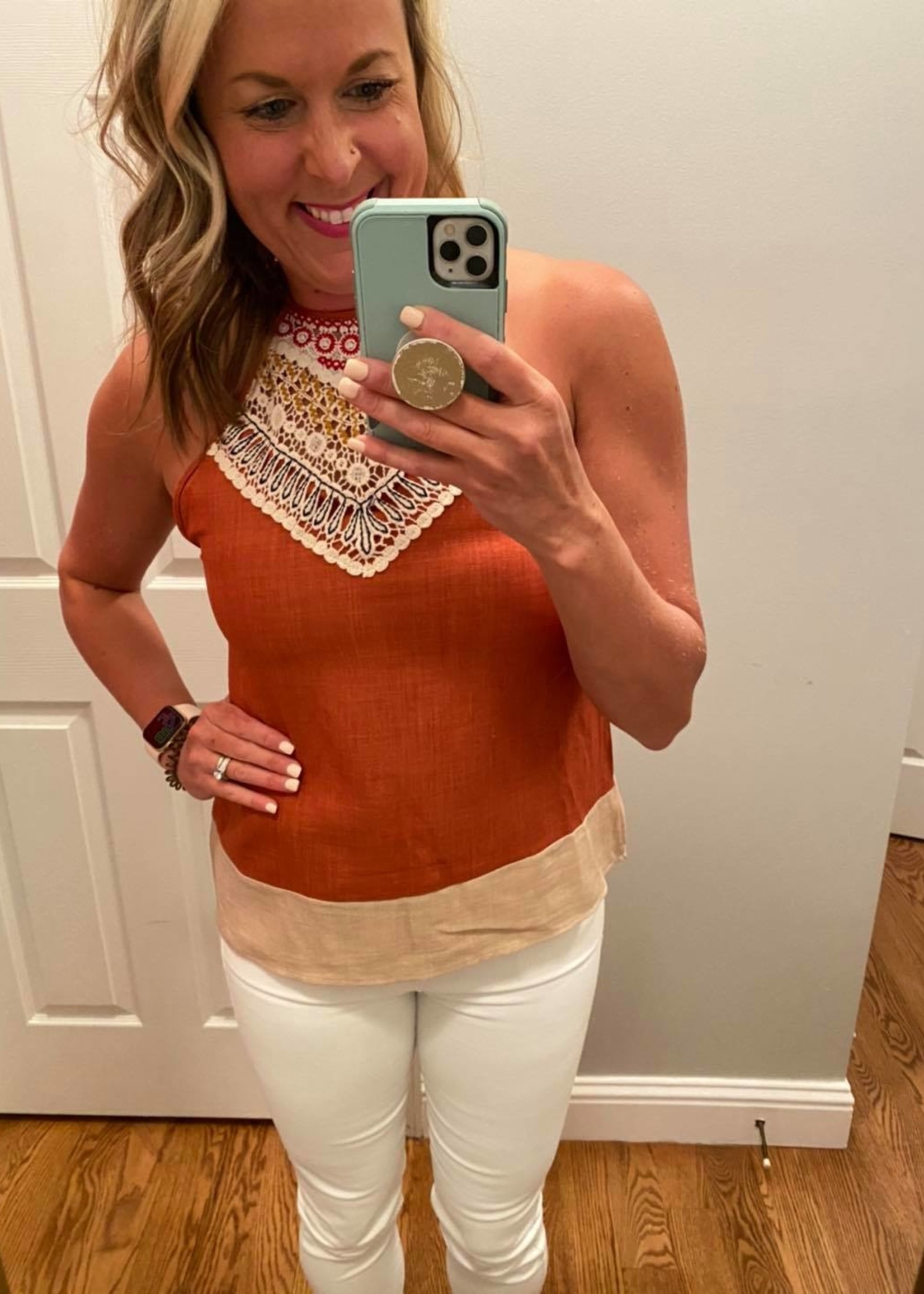 Hailey & Co Color Block Halter Sleeveless  Top with Embroidery Rust