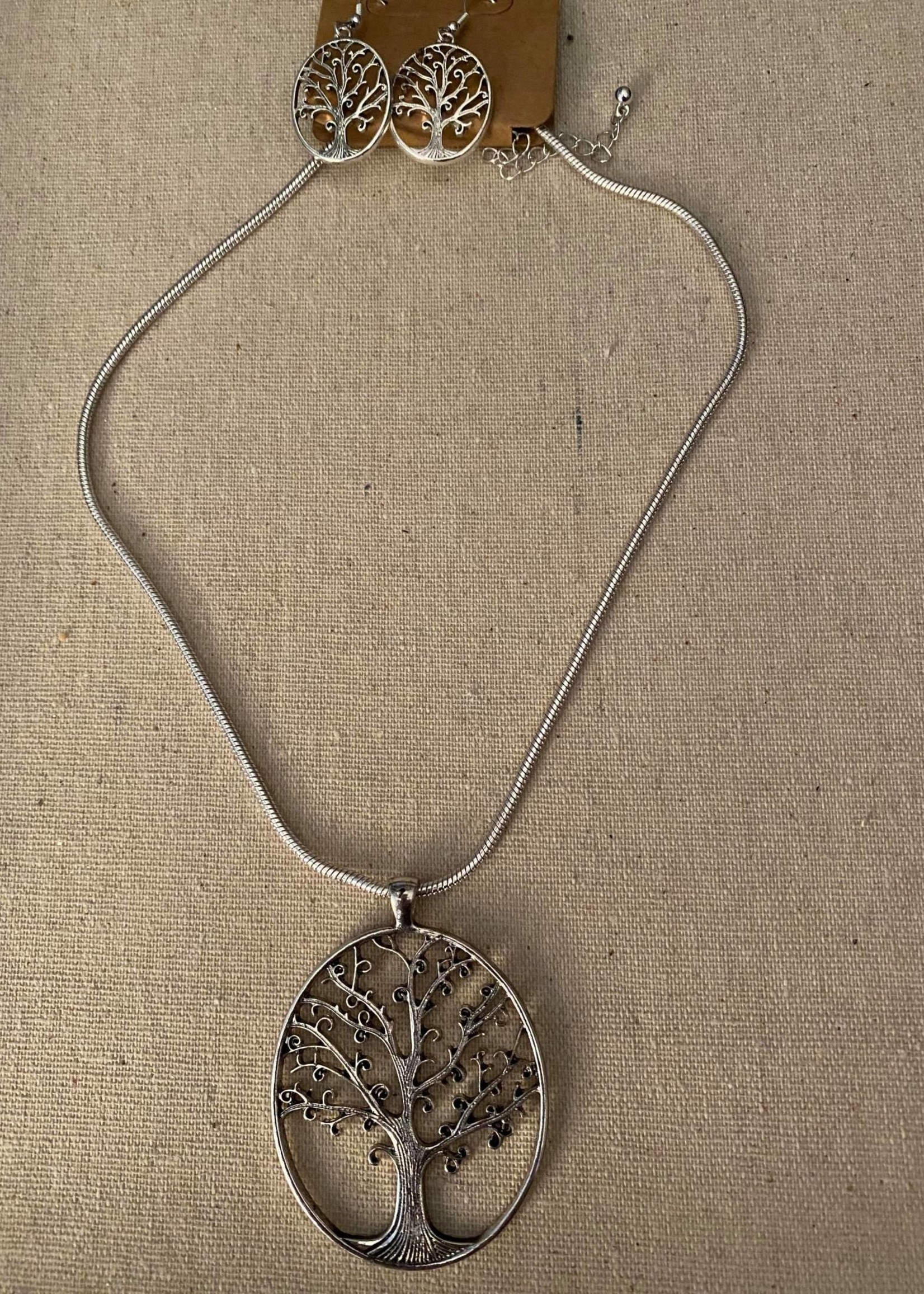 H- Silver tree of life necklace w/earrings