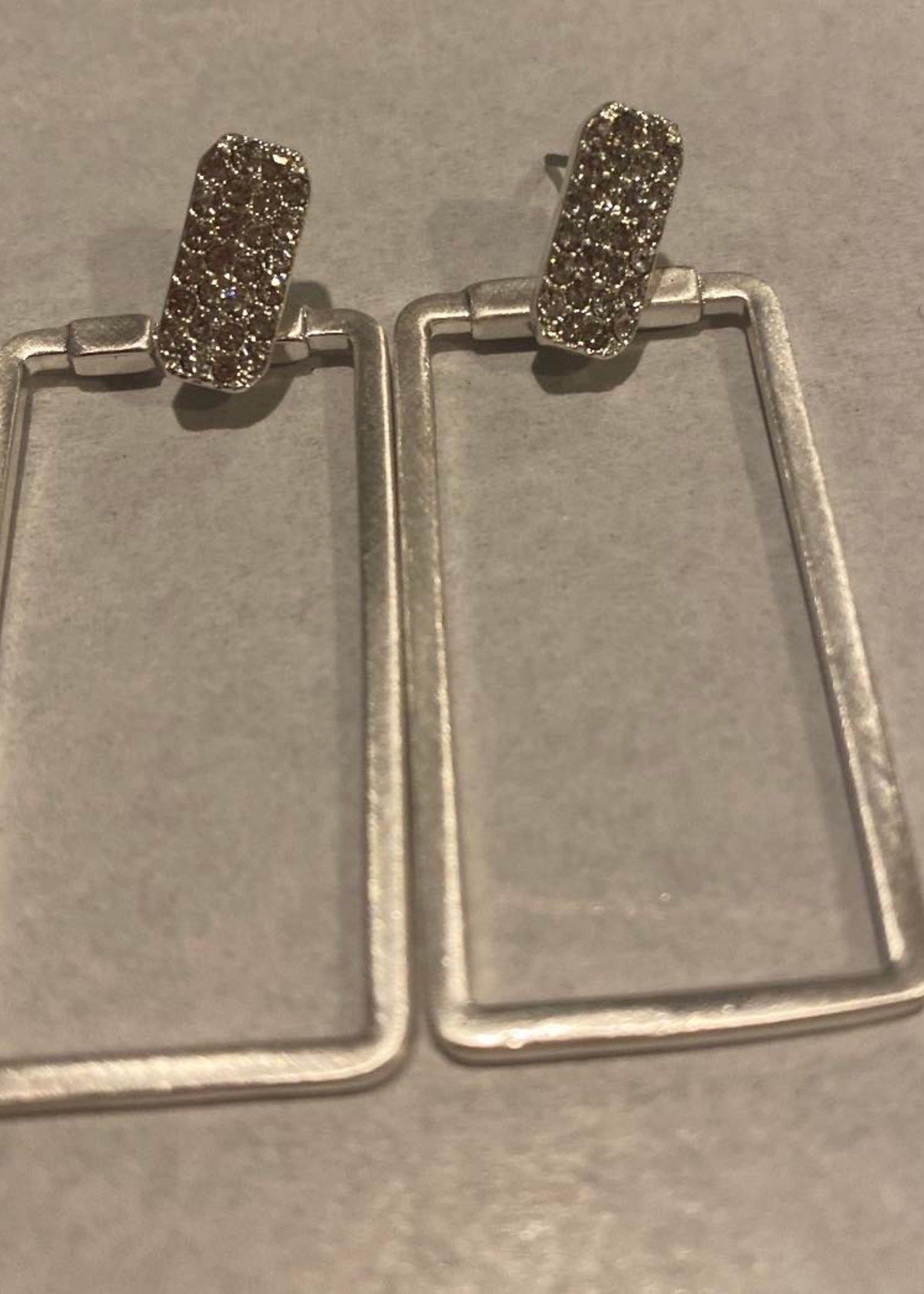 What's Hot Matte silver open rectangle and rhinestone earrings 2"