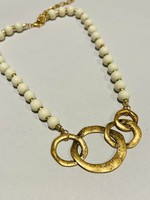 What's Hot Wood beaded necklace with open gold circle accents 16-18" Ivory or Tan
