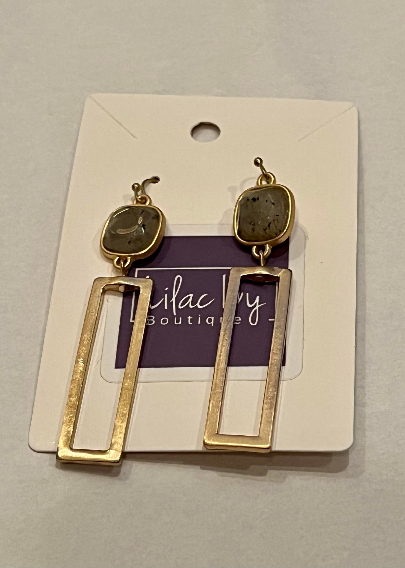 Grey Natural stone with open gold rectangle earrings 2"
