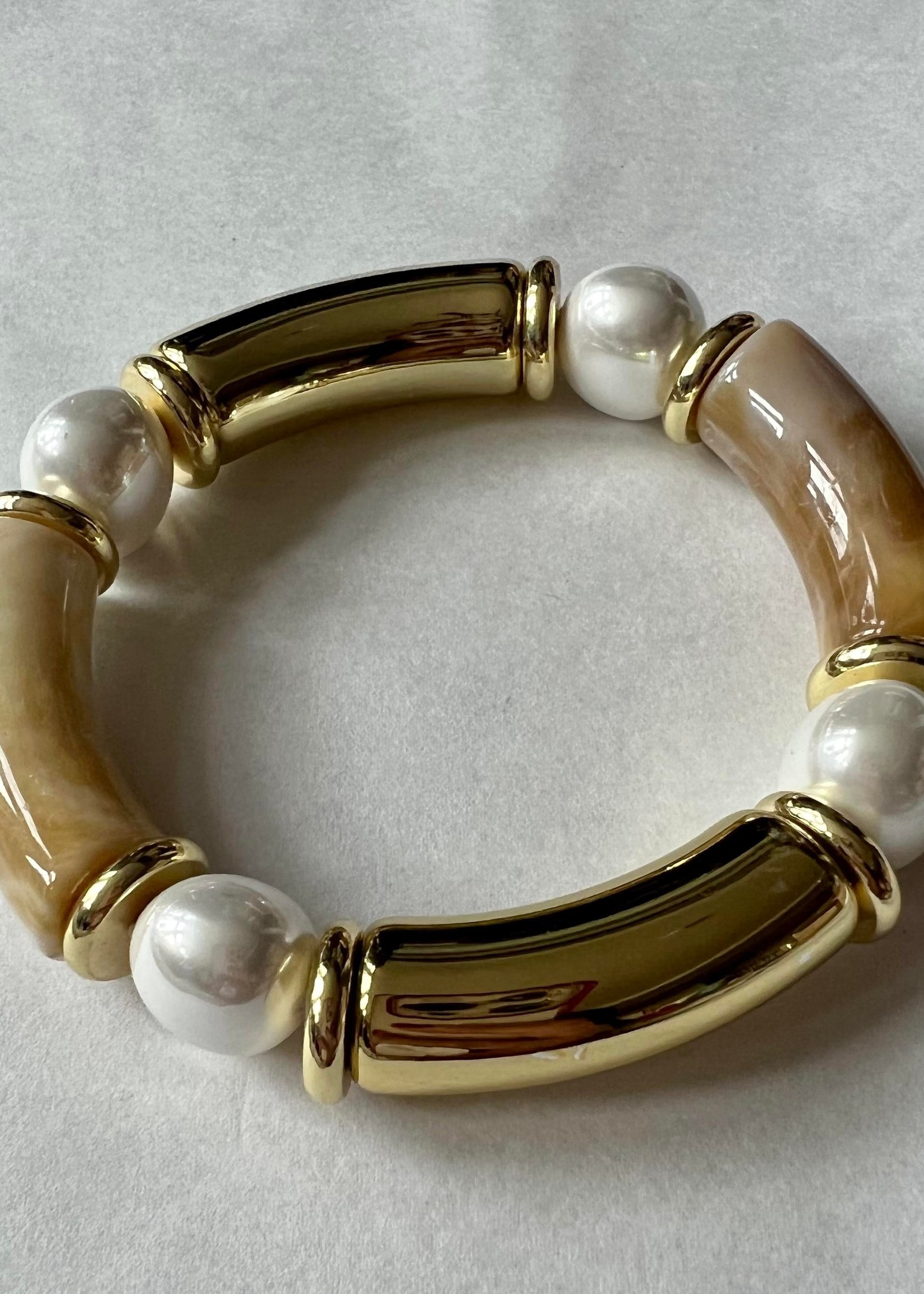 What's Hot Natural, gold, and pearl bamboo tube and gold stretch bracelet