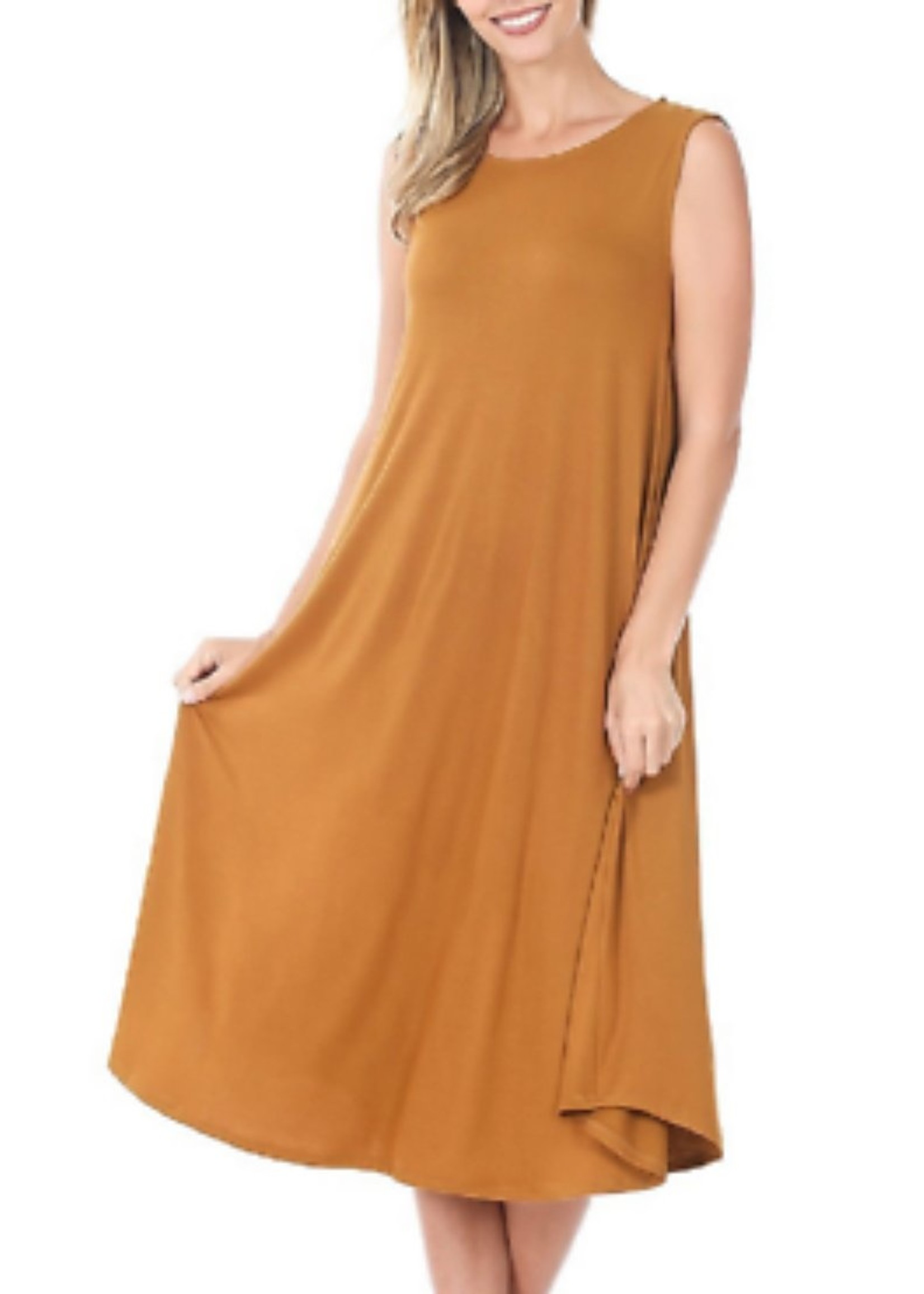 Zenana Sleeveless swing dress - gray, tan or gold