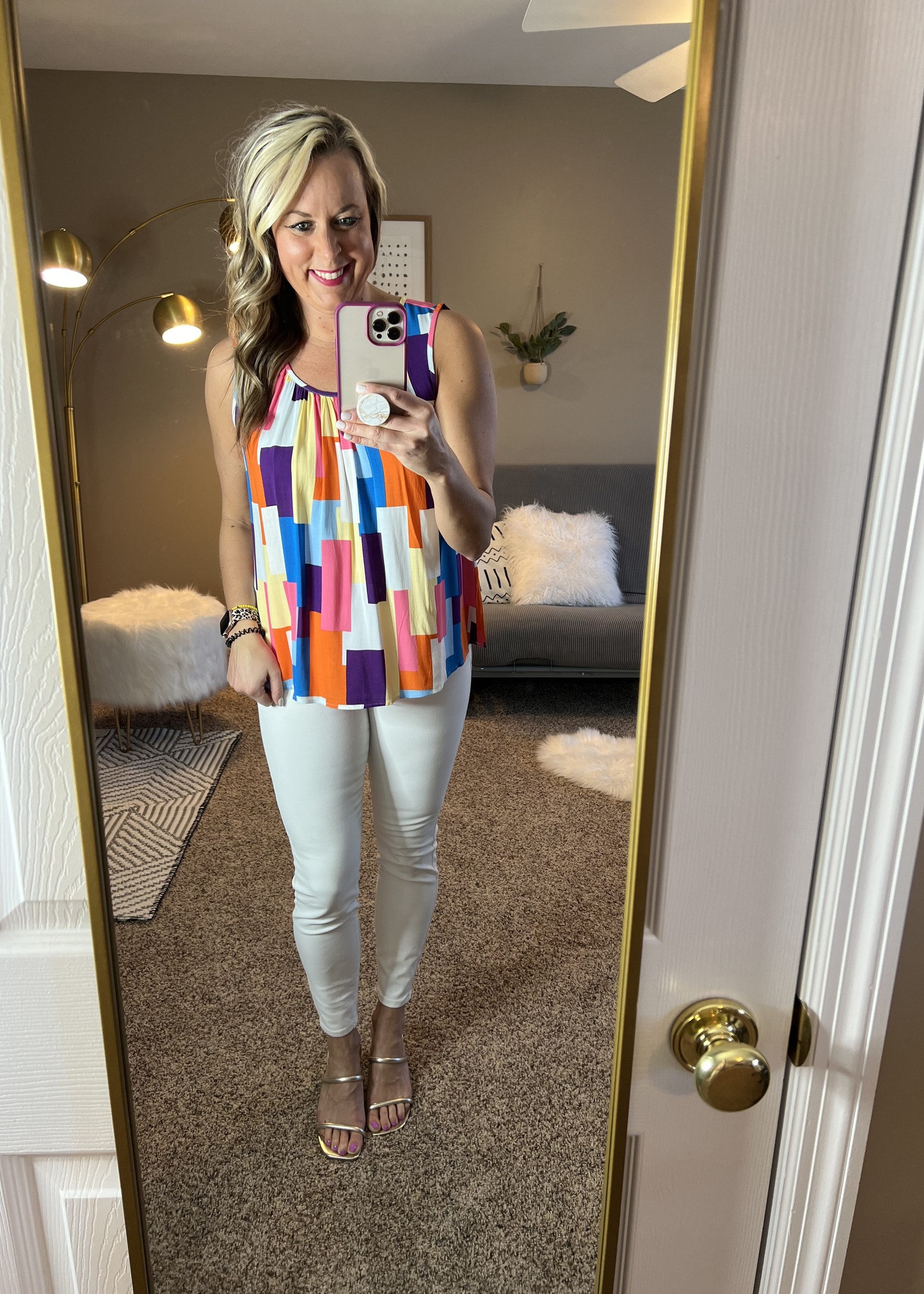 Emily Wonder Sleeveless multi color print top with shirring detail