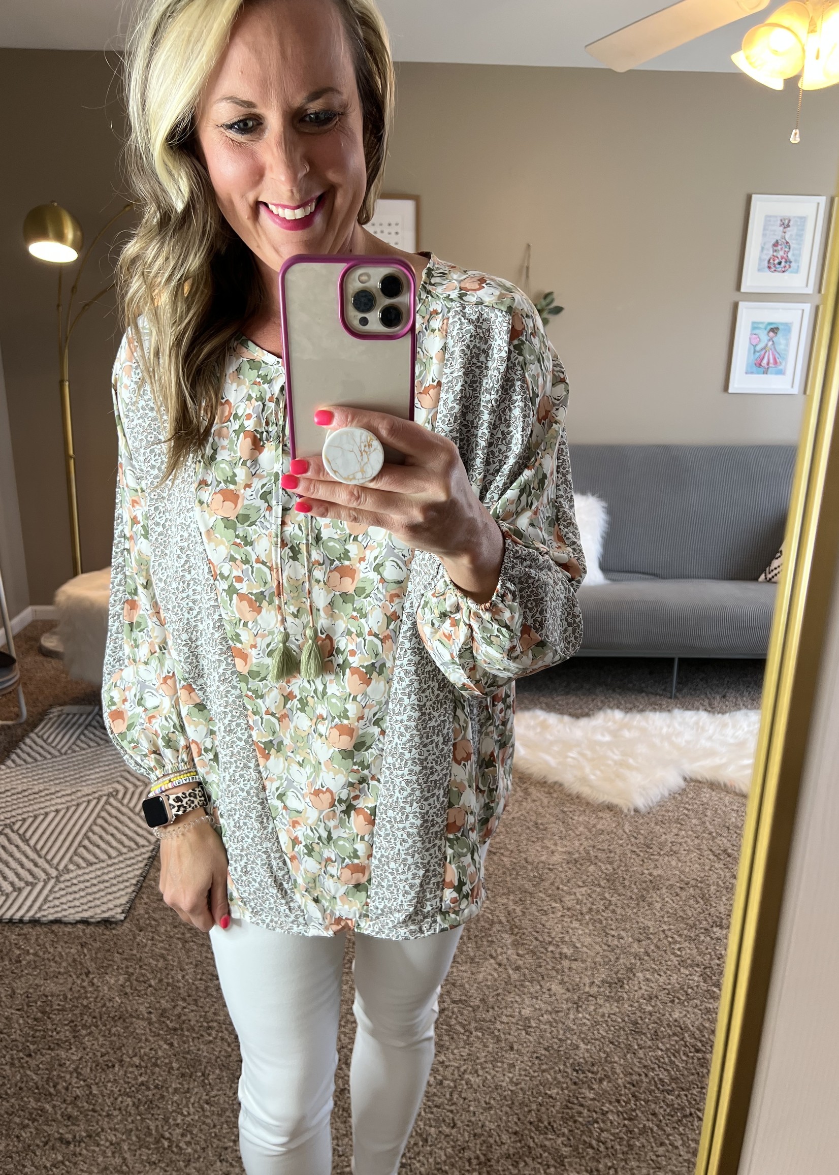 Gigio Floral print baloon sleeve top with tasse sage mix