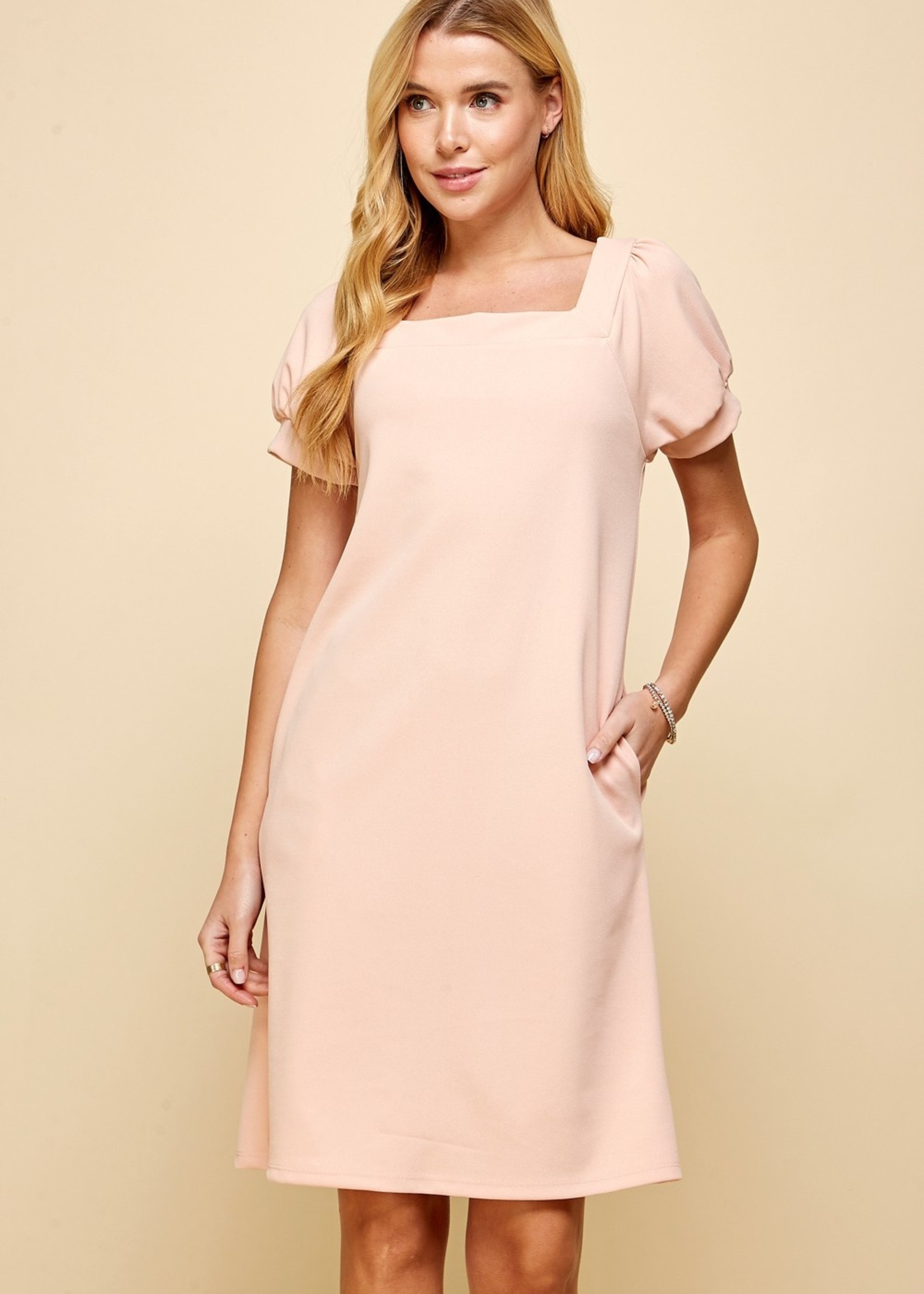 Les Amis Square neck dress with puff sleeves pink