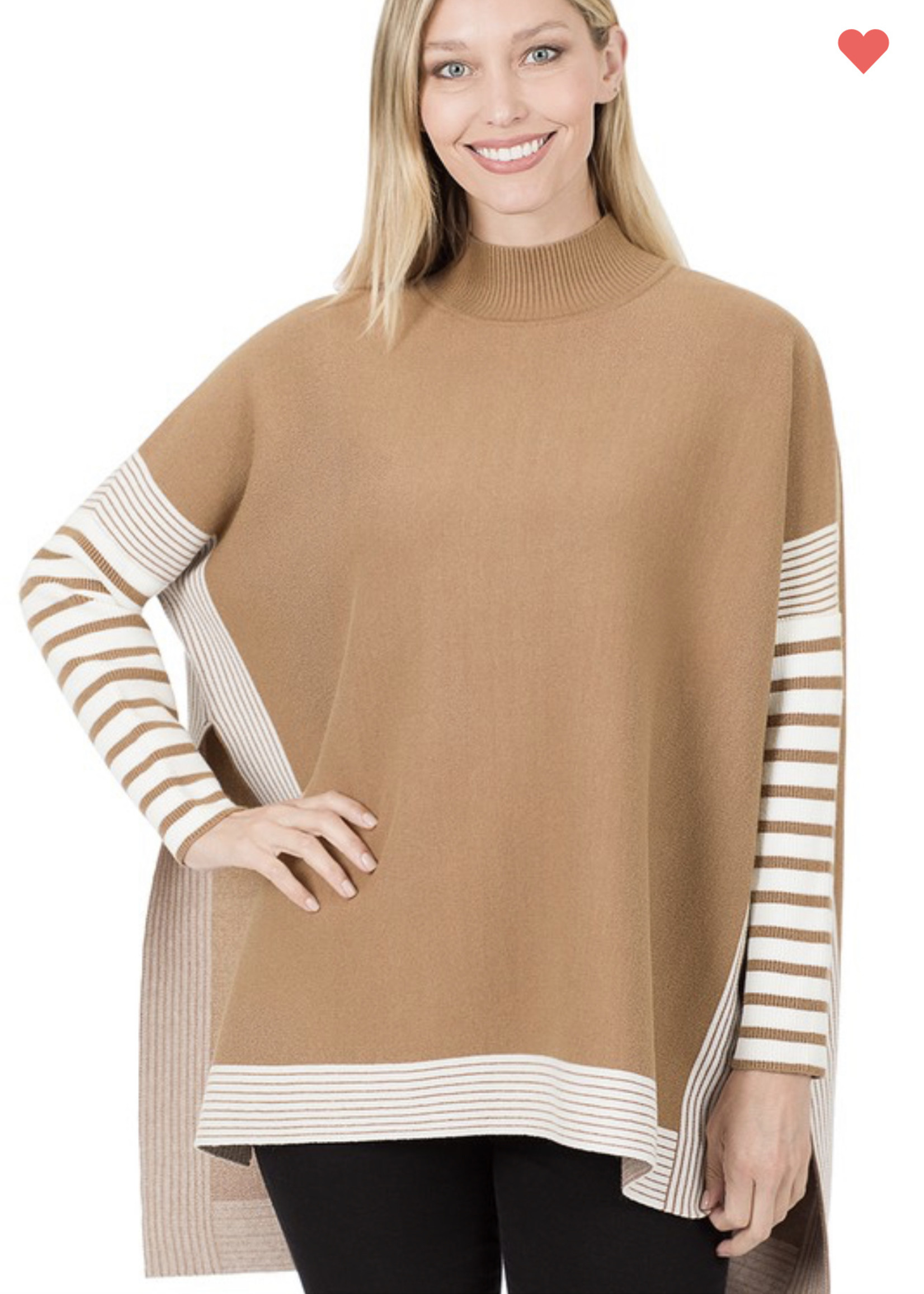 Zenana Contrast stripe mock high low sweater camel