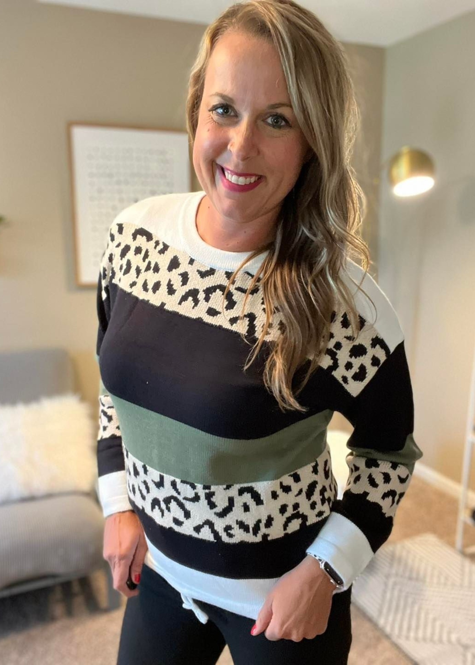 Crewneck leopard color block sweater 