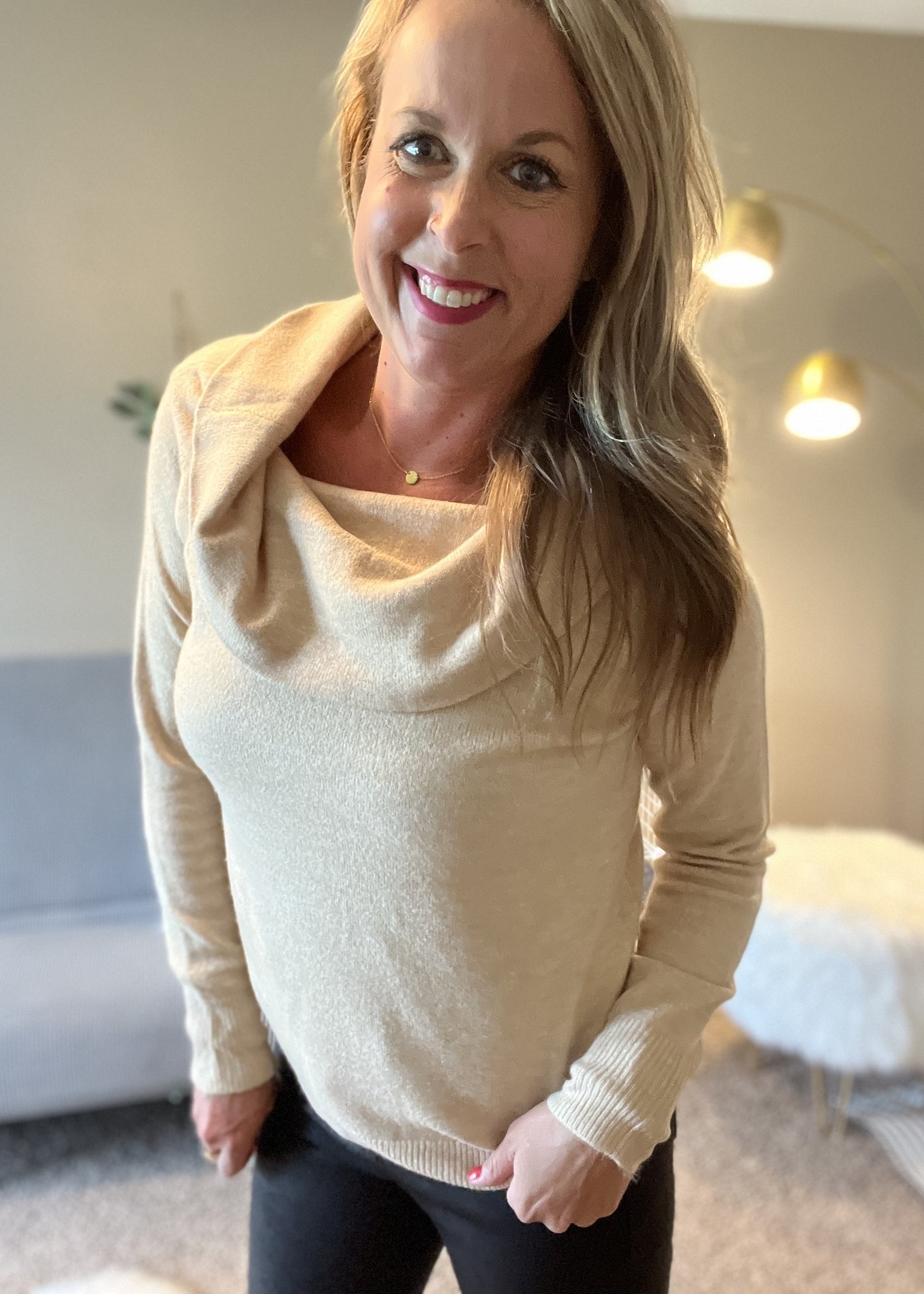 Savannah Jane Cowl neck long sleeve sweater tan