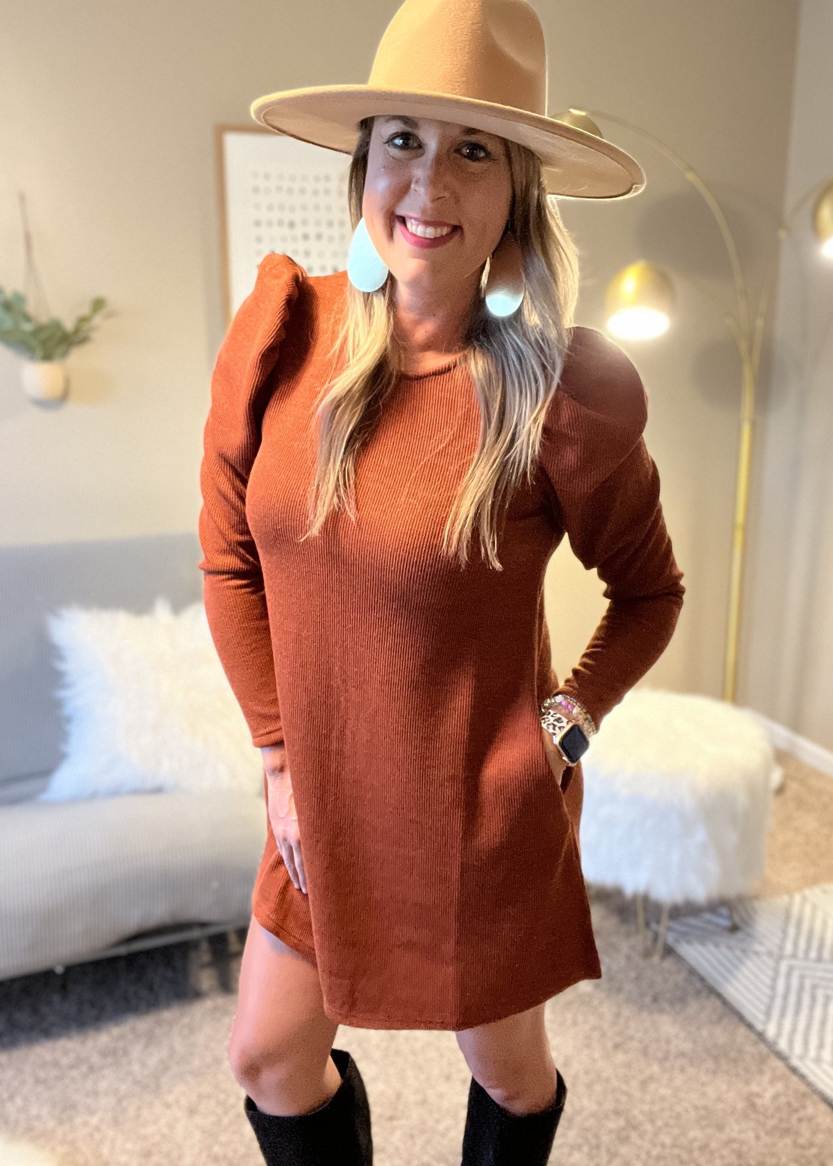 Very J Long puff sleeve crew neck dress with pockets - rust or charcoal
