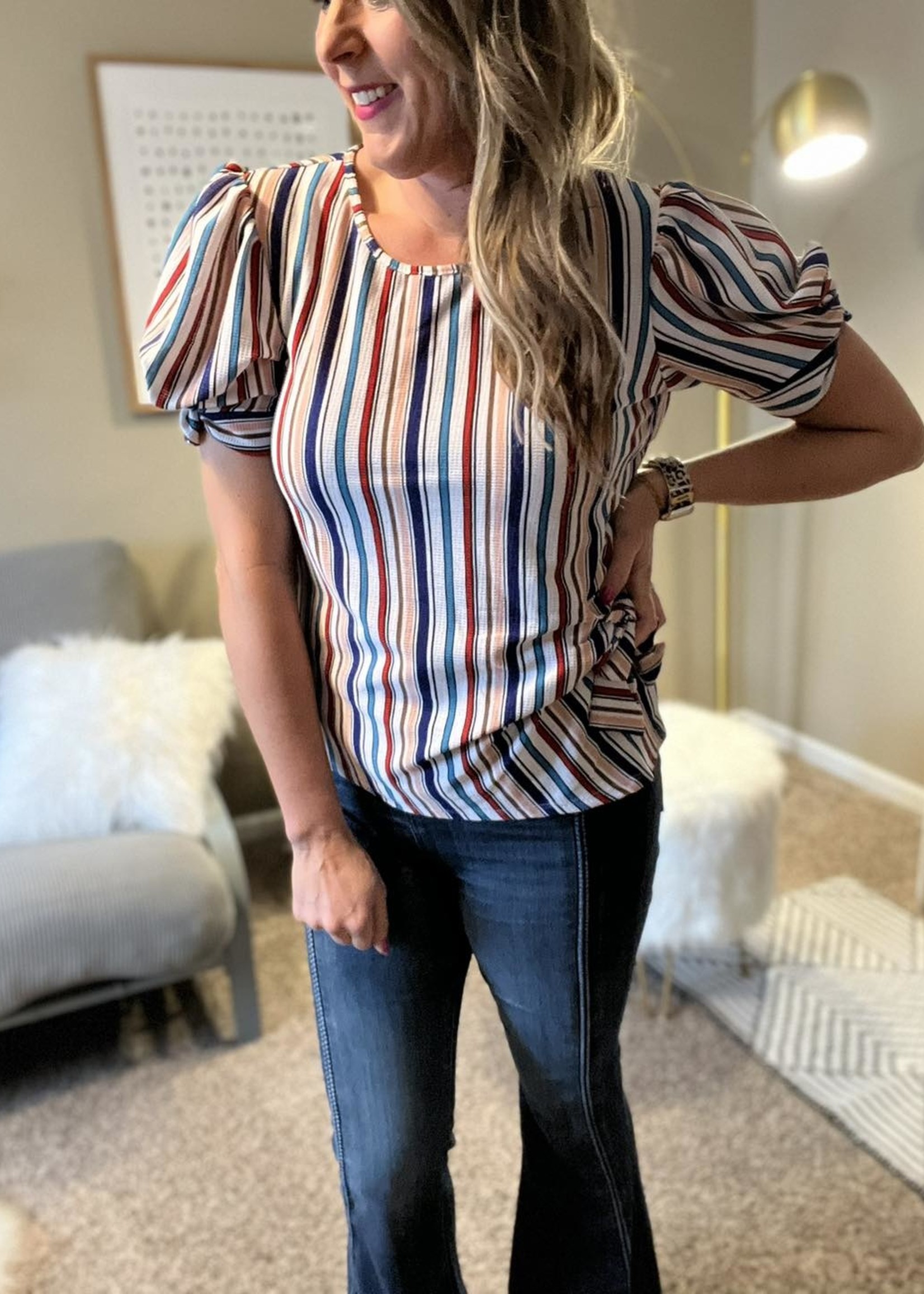 Perseption Striped puff short sleeve side tie blouse