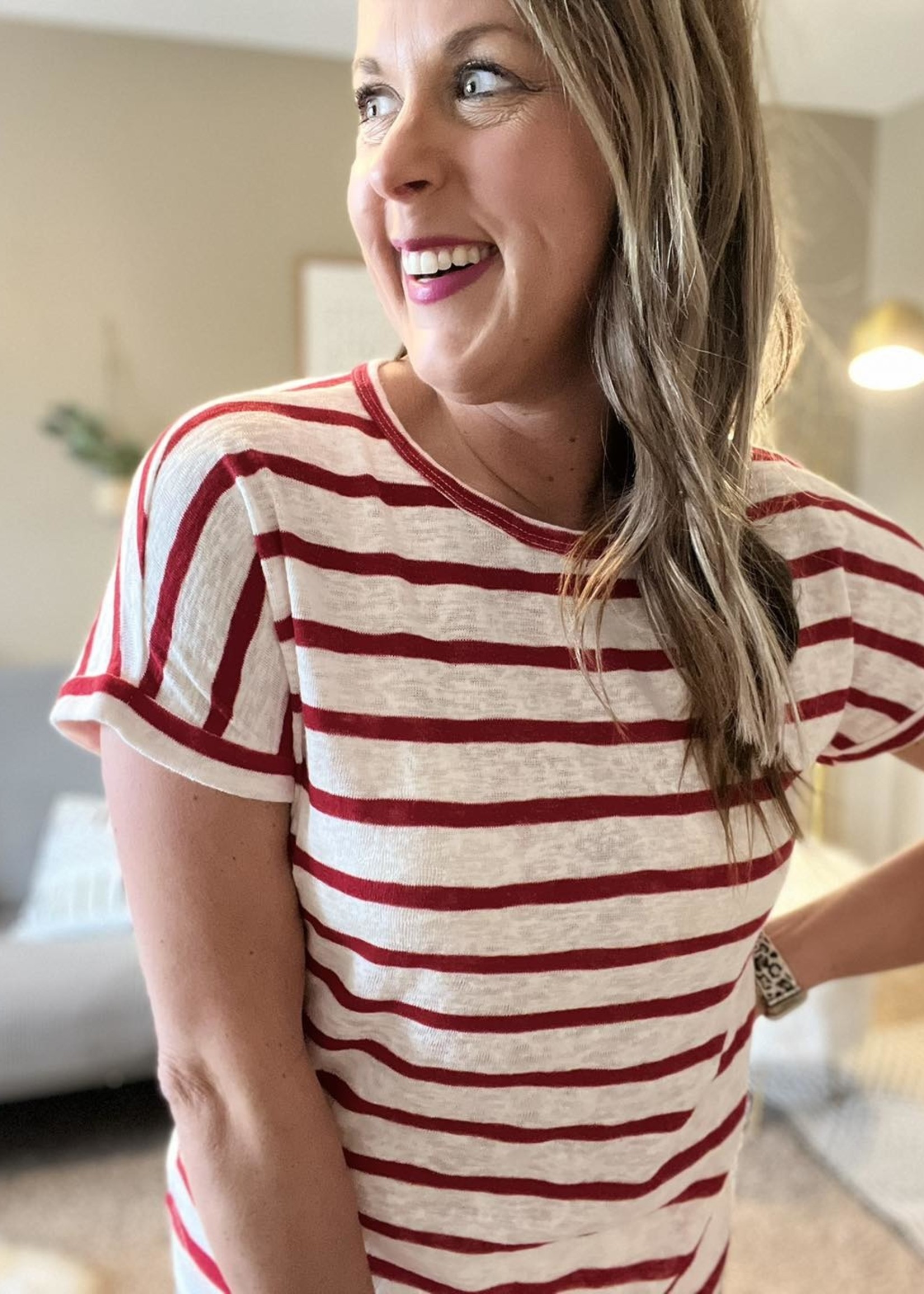 Hailey & Co Short sleeve knit stripe top tomato red