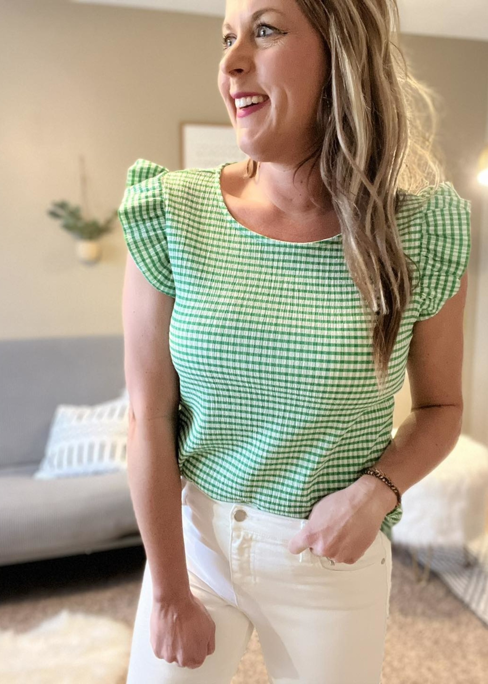 Les Amis Short flutter sleeve check blouse kelly green