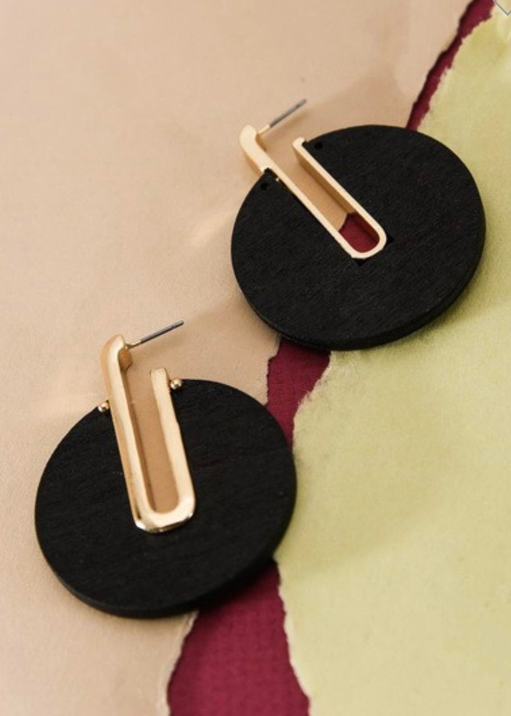 Wood hoops with gold accent earrings- black or pink