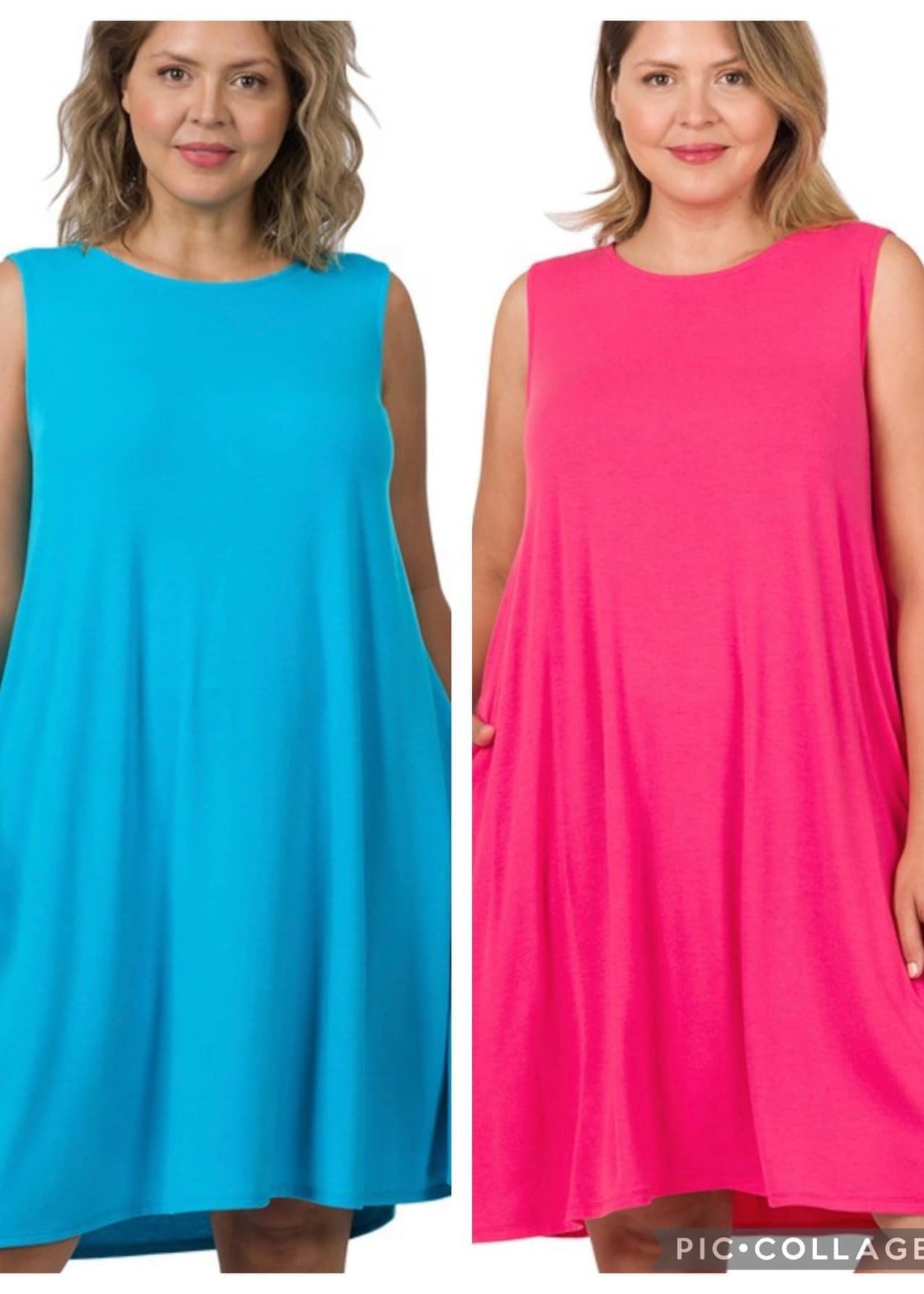 Zenana PLUS SIZE sleeveless flared dress with pockets - blue or pink