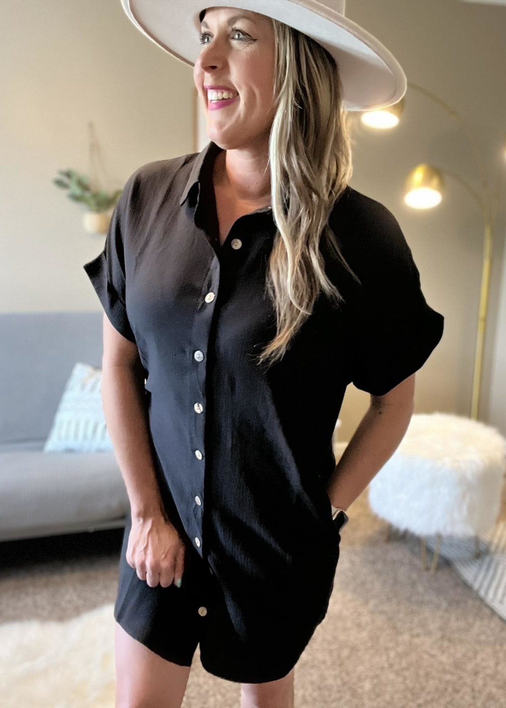 Cozy Co Button down short sleeve shirt dress with pockets black