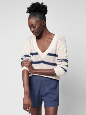 Faherty Miramar V Neck Sweater - Wharf Stripe- Final Sale: No Exchanges or Returns