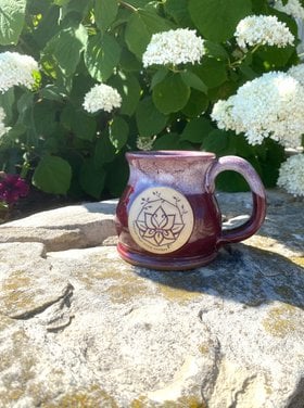 Sunset Hill Stoneware Twisted Tree Potbelly Mug - Morning Mums - Lotus 12oz.