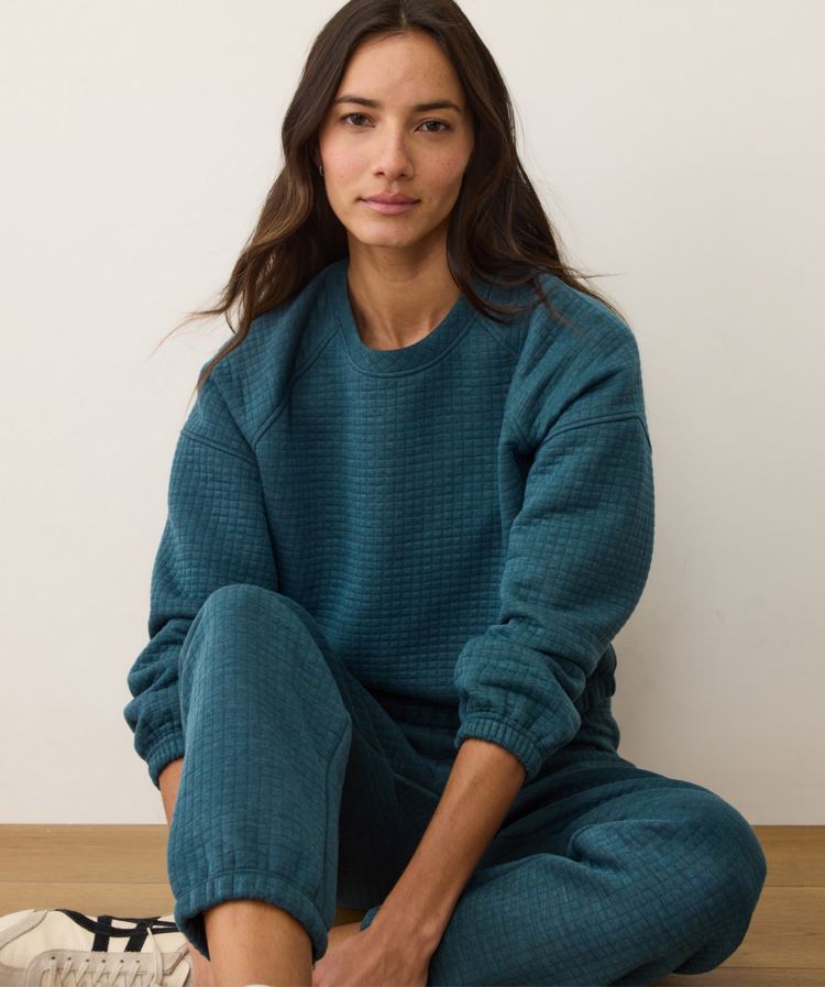 Marine Layer Corbet Quilted Crewneck - Dark Teal Heather
