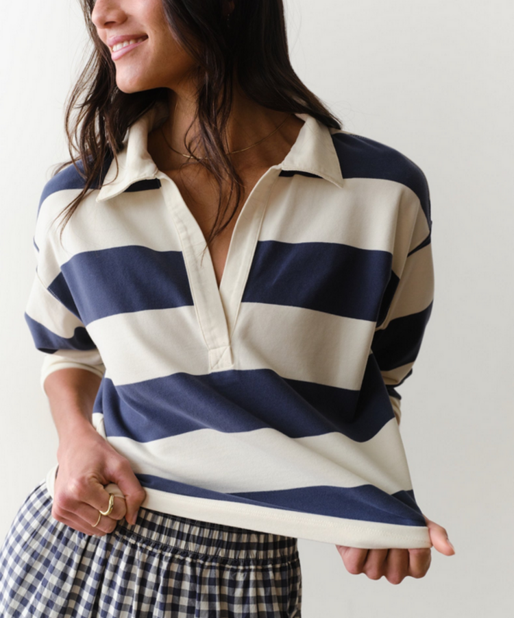 Marine Layer Luxe Sueded Polo Tee - Navy Stripe