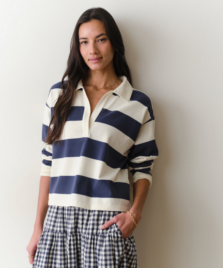 Marine Layer Luxe Sueded Polo Tee - Navy Stripe