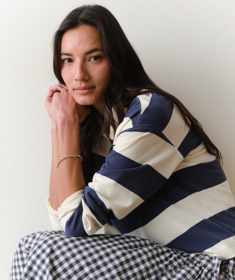 Marine Layer Luxe Sueded Polo Tee - Navy Stripe