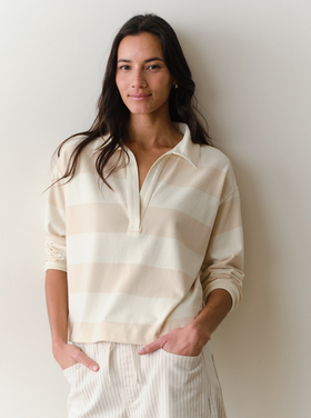 Marine Layer Luxe Sueded Polo Tee - Cream Stripe