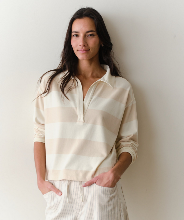 Marine Layer Luxe Sueded Polo Tee - Cream Stripe