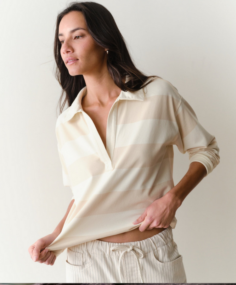 Marine Layer Luxe Sueded Polo Tee - Cream Stripe