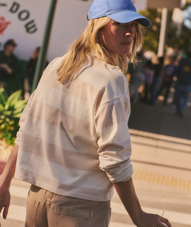 Marine Layer Luxe Sueded Polo Tee - Cream Stripe