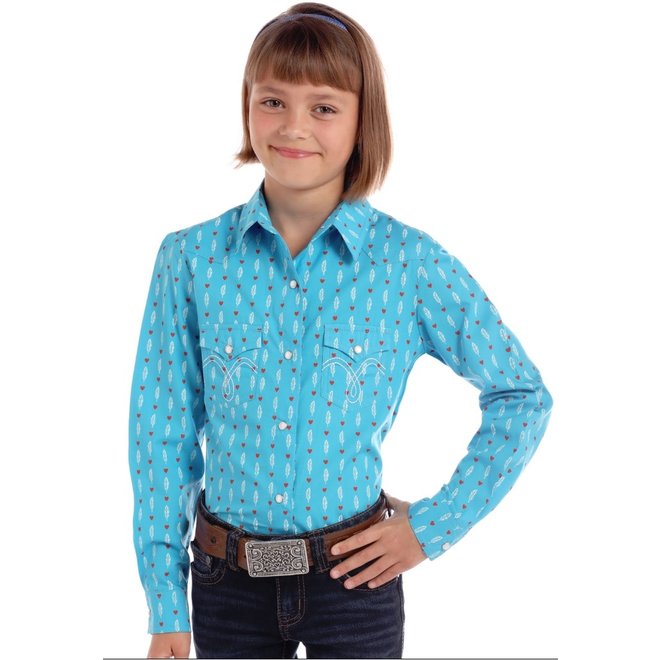 Girls Turquoise Feather Print Snap Shirt