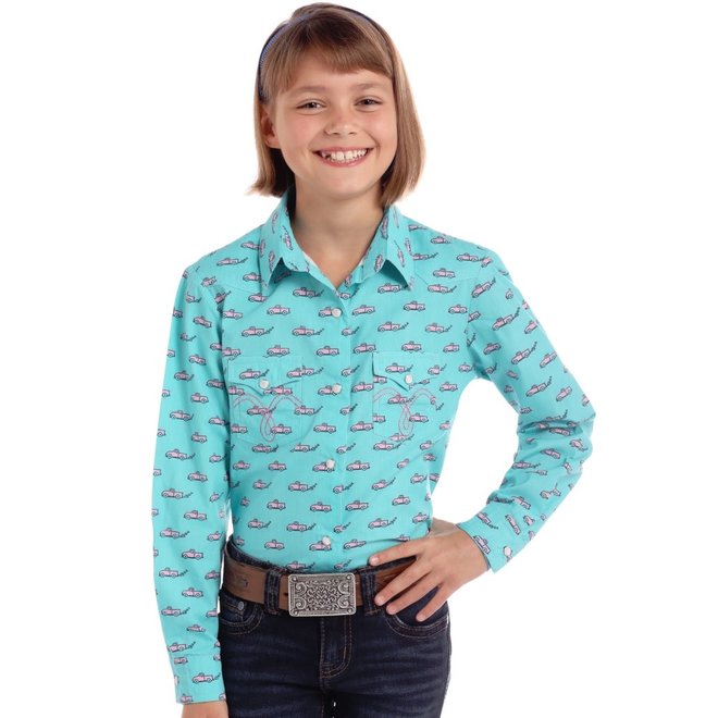 Girls Turquoise Print Snap Shirt