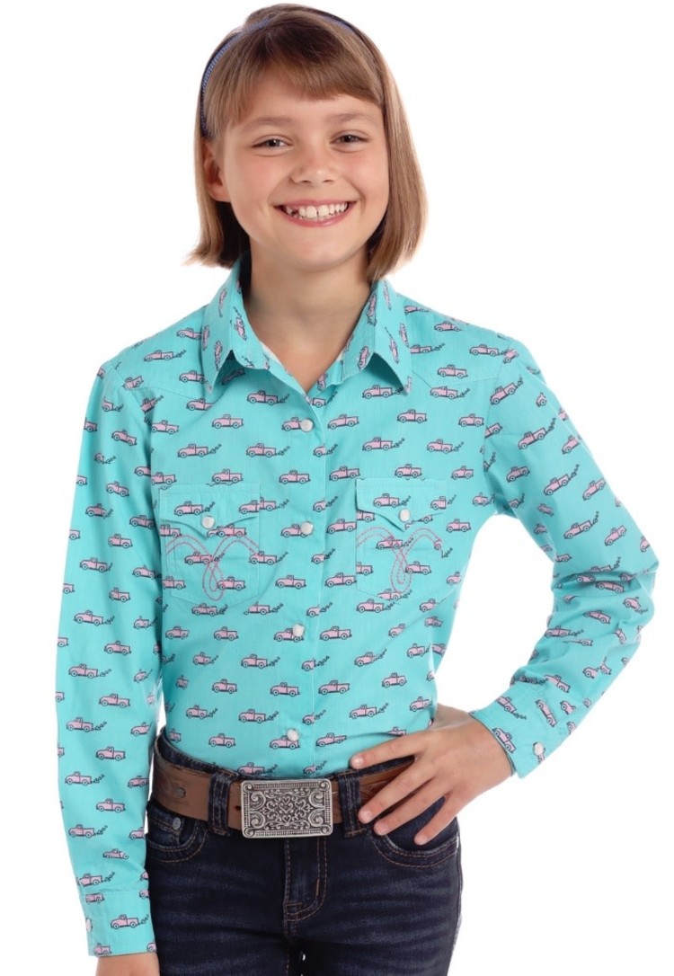 Panhandle Western Wear Girls Turquoise Print Snap Shirt