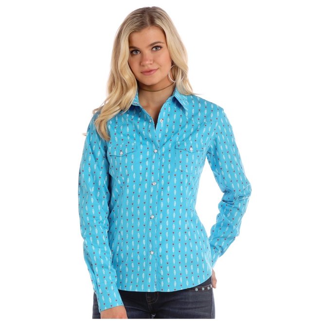 Ladies Turquoise Feather Print Snap Shirt