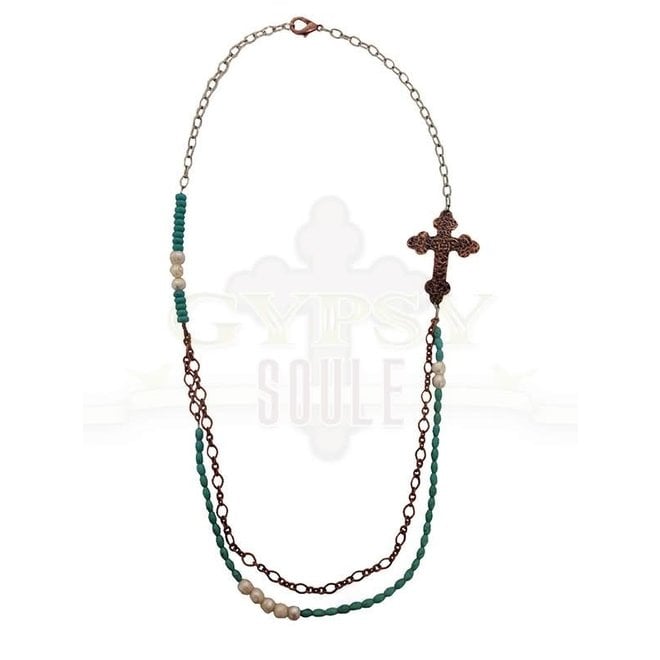 Hammered Copper Cross Beaded Necklace
