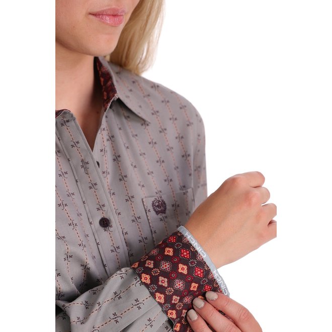 Womens Grey Purple and Melon Floral Wallpaper Print Button Down Shirt