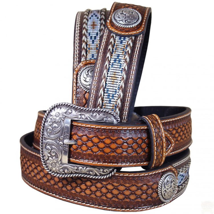Ariat Accessories Mens Natural Basketweave and Beaded Inlay Belt