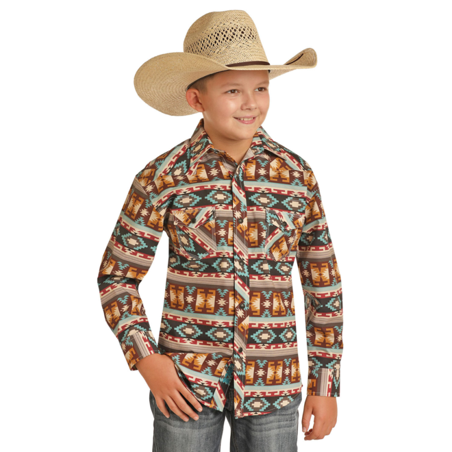 Boys Brown Aztec Snap Shirt