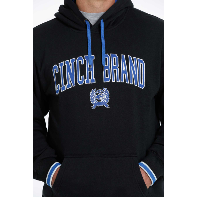 Men's Black Cinch Hoodie Blue Logo