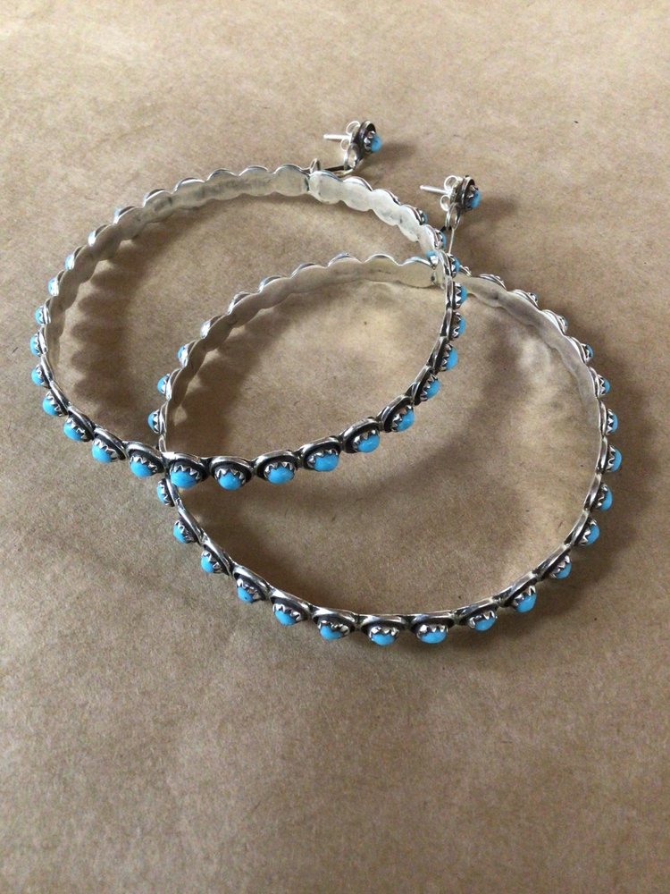 Al Zuni Jewelry 2.5" Turquoise Sterling Silver Hoop Earrings