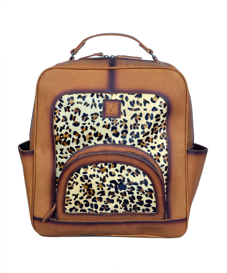 Rafter T Ranch Co Backpack Leopard with Teak Leather 16"x14"