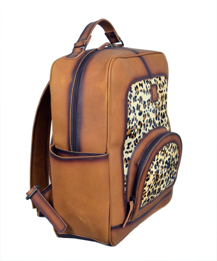 Rafter T Ranch Co Backpack Leopard with Teak Leather 16"x14"