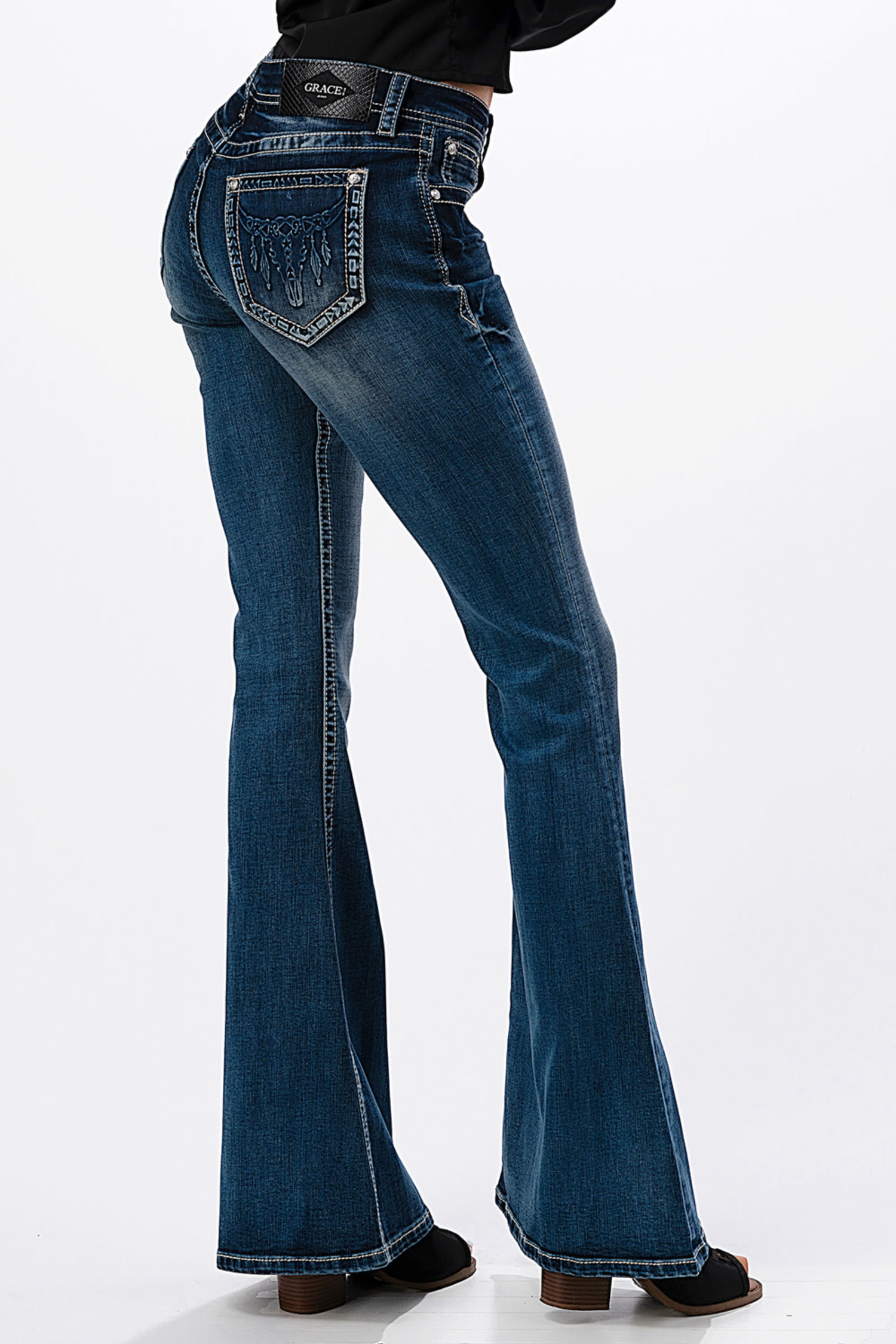 Grace In LA Cow Head 3D Embossed Flare Jeans