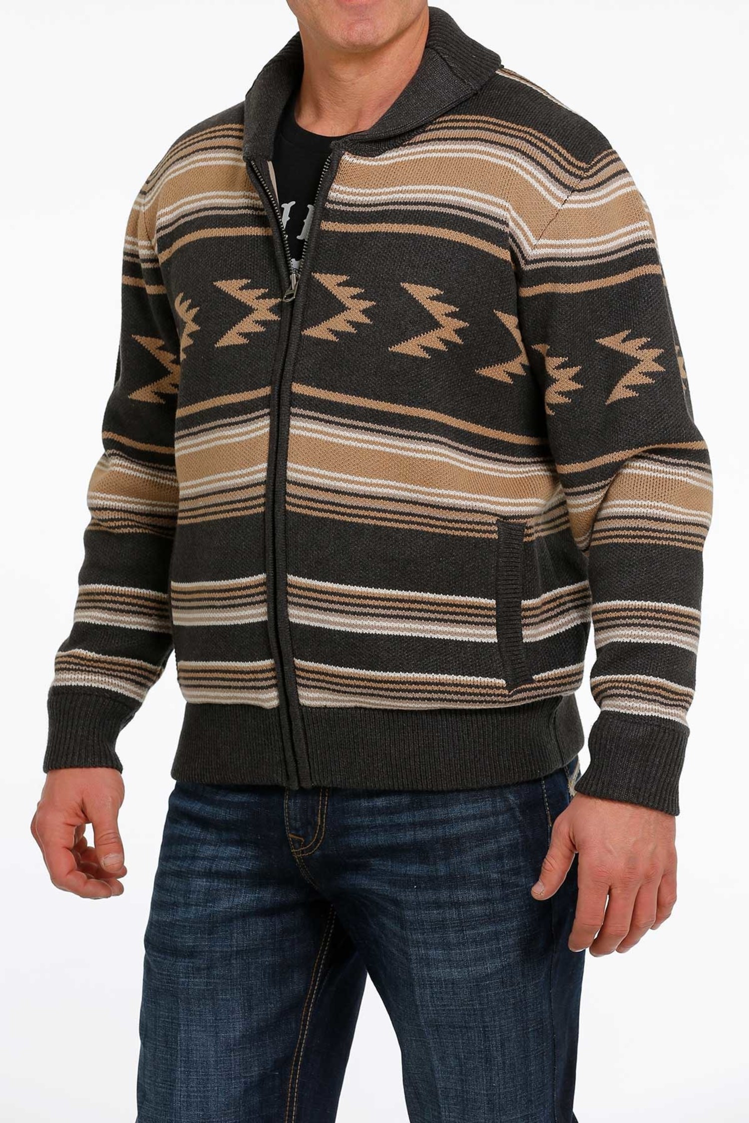 Mens Zip-Up Aztec Print Pullover Sweater Charcoal - Frontier Western Shop