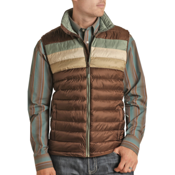 Rock & Roll Denim Brown Performance Puffer Vest Peacock