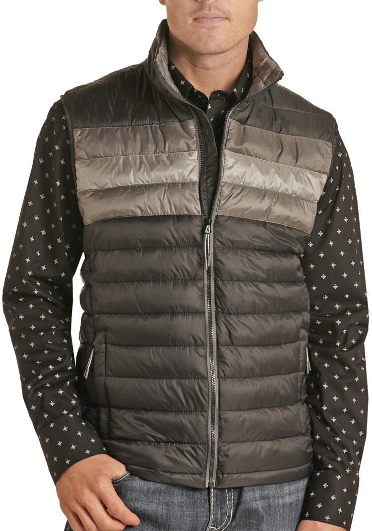 Rock & Roll Denim Performance Puffer Vest Black and Grey