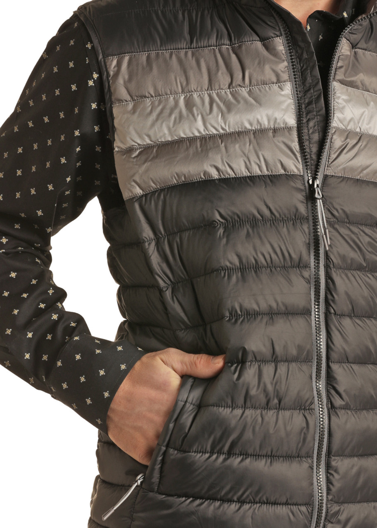 Rock & Roll Denim Performance Puffer Vest Black and Grey