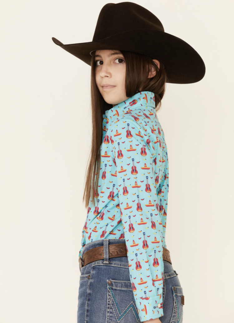 Panhandle Western Wear Girls Turquoise Guitar Snap Shirt